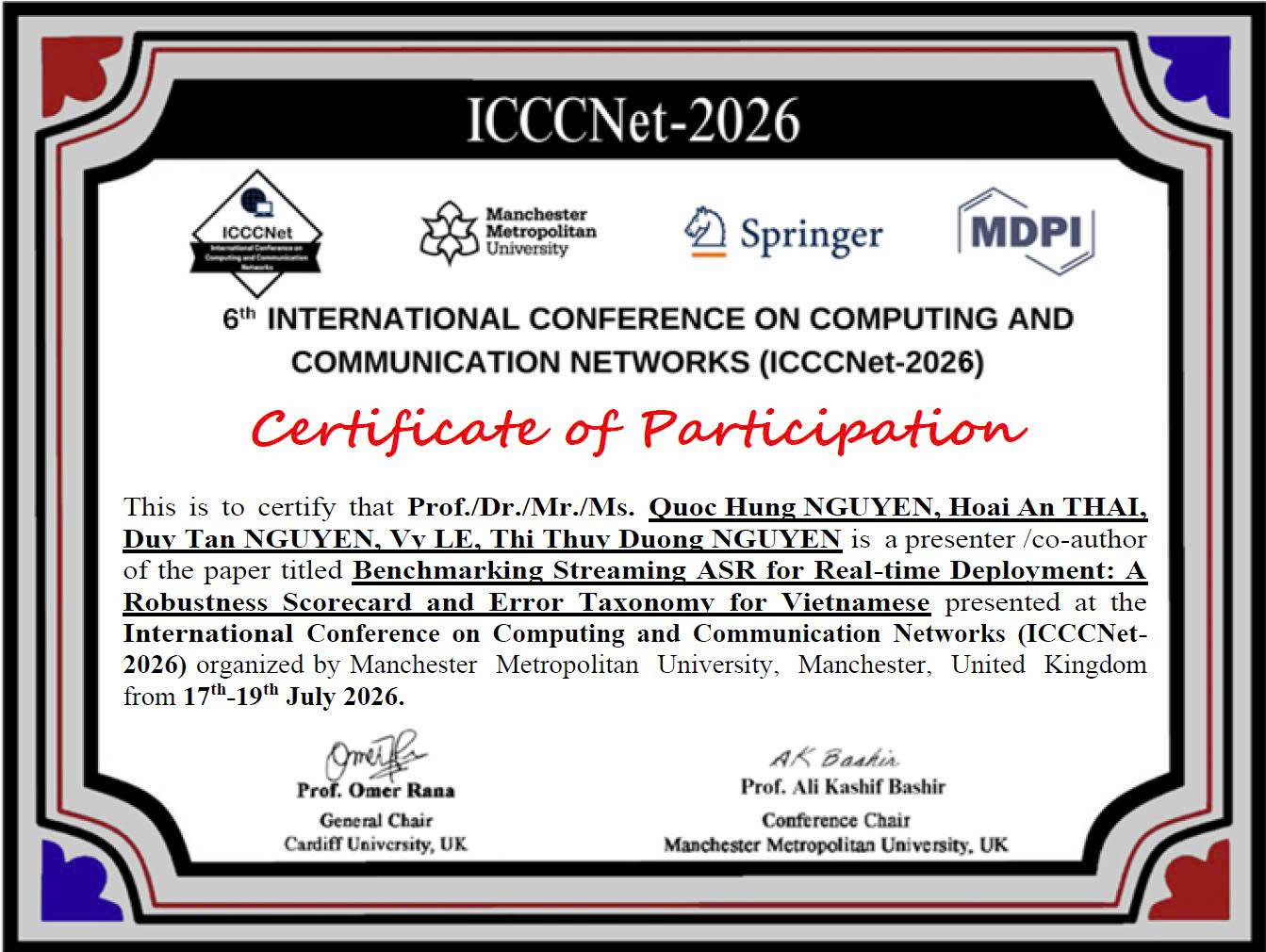 ICCCNet 2026 — Paper Presentation & Co-author Certificate